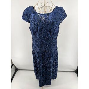 Alex Evenings Navy Blue Rosette A-Line Gown Sequin Detail Short Sleeves Size 12